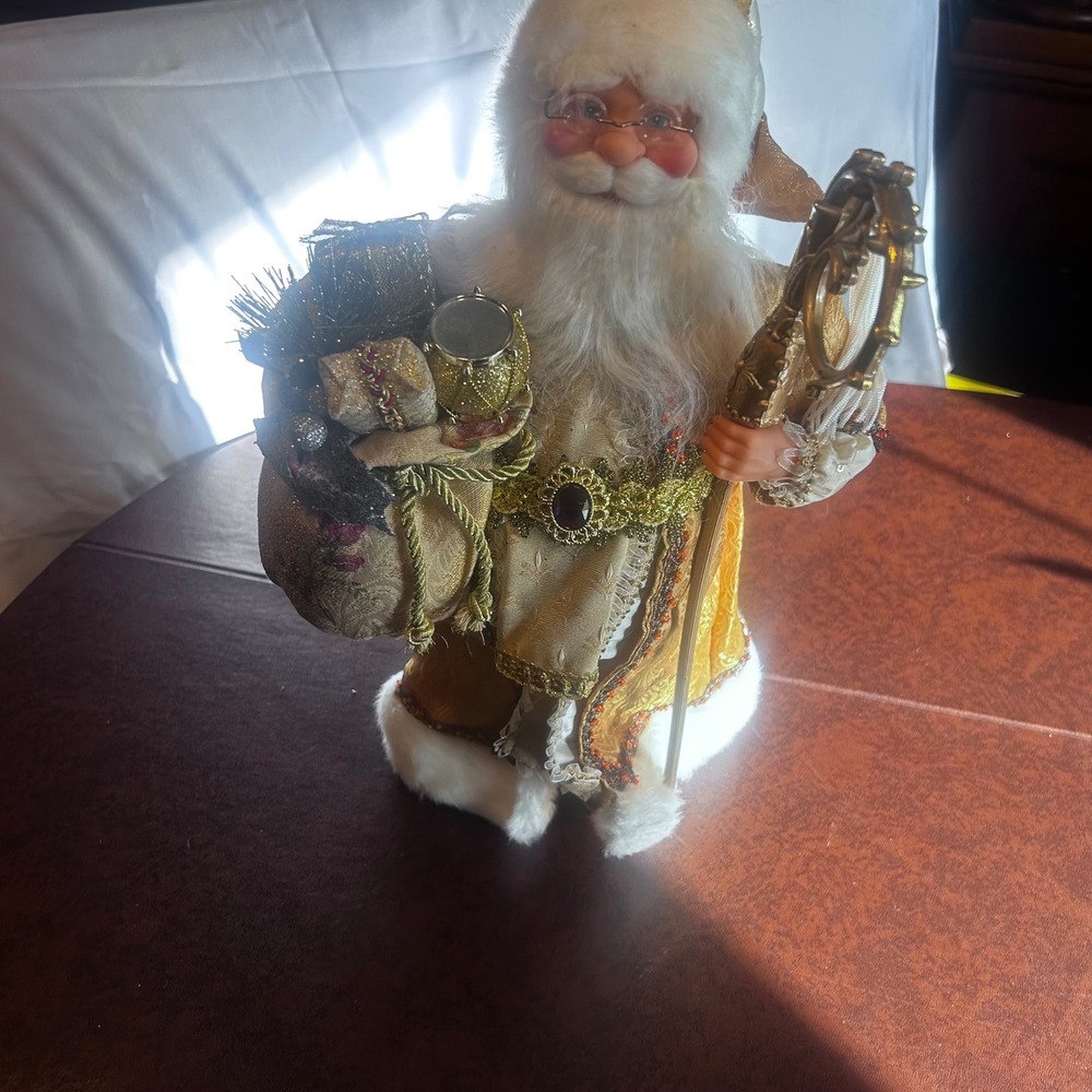 Vintage Style Gold and Cream Santa Claus Figurine with Staff and Gift Bag 18in